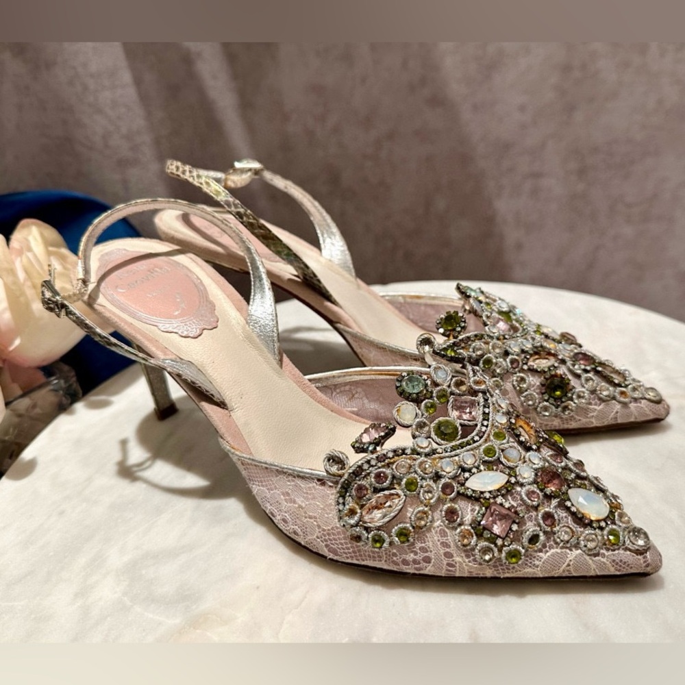 AUTH RENE CAOVILLA CRYSTAL LACE SLINGBACK SANDALS SZ 36.5 PUMPS 8.5cm